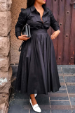 Black Casual Solid Color Pocket Turndown Collar Long Dresses