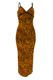 Rose Red Sexy Leopard Print Backless Slit Spaghetti Strap Long Dresses