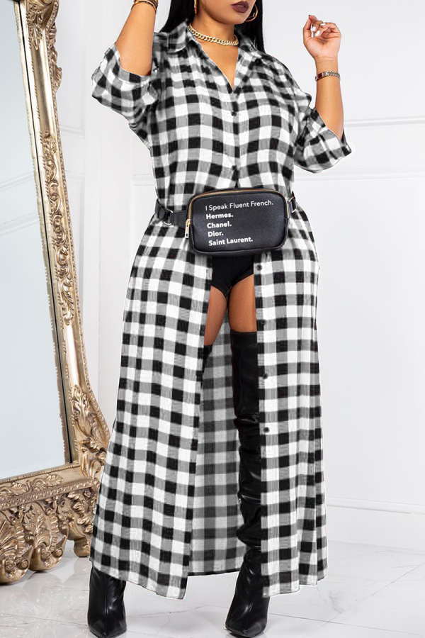 Black And White Casual Plaid Buckle Turndown Collar Tops
