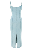 Light Blue Sexy Solid Color Slit Zipper Spaghetti Strap Denim Dresses
