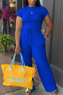 Royal Blue Casual Solid Color Draw String O Neck Short Sleeve Two Pieces