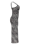 Rose Red Sexy Leopard Print Backless Slit Spaghetti Strap Long Dresses
