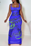 Red Sexy Print Patchwork Spaghetti Strap Long Dresses