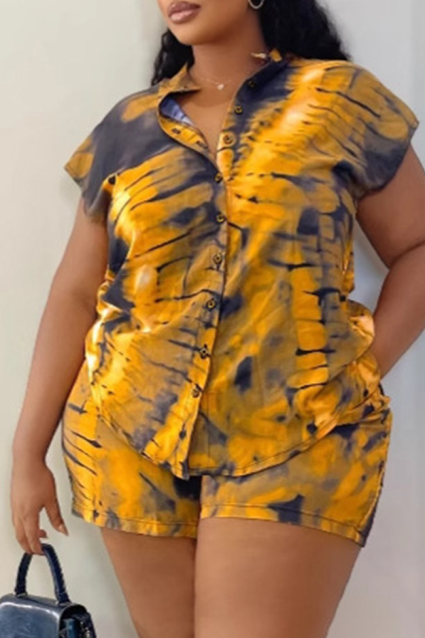 Yellow Casual Print Buckle Mandarin Collar Short Sleeve Two Pieces