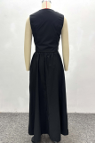 Black Elegant Solid Color Buttons V Neck Sleeveless Two Pieces