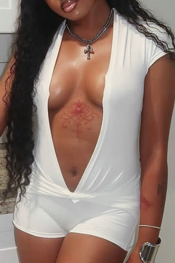 White Sexy Solid Color Patchwork Deep V Neck Skinny Rompers