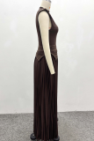 Coffee Elegant Solid Color Pleated O Neck Sleeveless Two Pieces