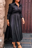 Black Casual Solid Color Pocket Turndown Collar Long Dresses