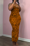 Rose Red Sexy Leopard Print Backless Slit Spaghetti Strap Long Dresses