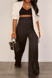 Green Casual Solid Color Patchwork Loose High Waist Wide Leg Patchwork Bottoms