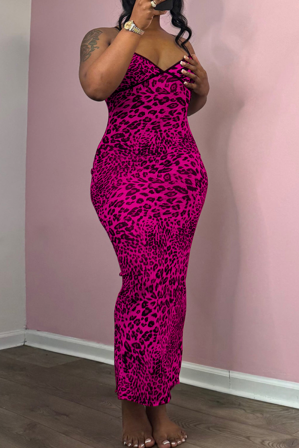 Rose Red Sexy Leopard Print Backless Slit Spaghetti Strap Long Dresses