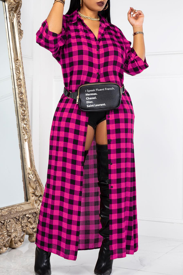 Rose Red Casual Plaid Buckle Turndown Collar Tops