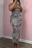 Rose Red Sexy Leopard Print Backless Slit Spaghetti Strap Long Dresses