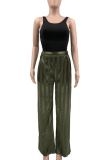 Green Casual Solid Color Patchwork Loose High Waist Wide Leg Patchwork Bottoms