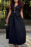 Black Elegant Solid Color Buttons V Neck Sleeveless Two Pieces