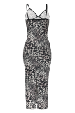 Rose Red Sexy Leopard Print Backless Slit Spaghetti Strap Long Dresses
