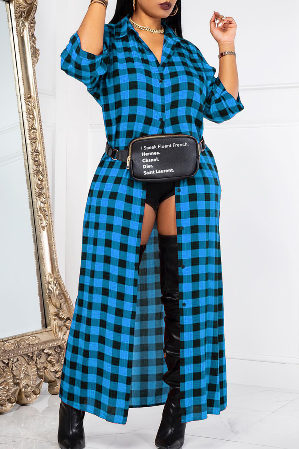 Sky Blue Casual Plaid Buckle Turndown Collar Tops