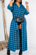 Sky Blue Casual Plaid Buckle Turndown Collar Tops