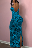 Rose Red Sexy Leopard Print Backless Slit Spaghetti Strap Long Dresses