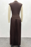 Coffee Elegant Solid Color Pleated O Neck Sleeveless Two Pieces