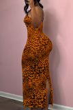 Rose Red Sexy Leopard Print Backless Slit Spaghetti Strap Long Dresses