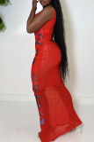Red Sexy Print Patchwork Spaghetti Strap Long Dresses