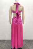 Rose Red Sexy Solid Color High Slit Halter Sleeveless Two Pieces