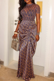 Purple Elegant Print Ruched O Neck Long Dresses