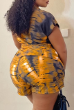 Yellow Casual Print Buckle Mandarin Collar Short Sleeve Two Pieces