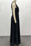 Black Elegant Solid Color Buttons V Neck Sleeveless Two Pieces