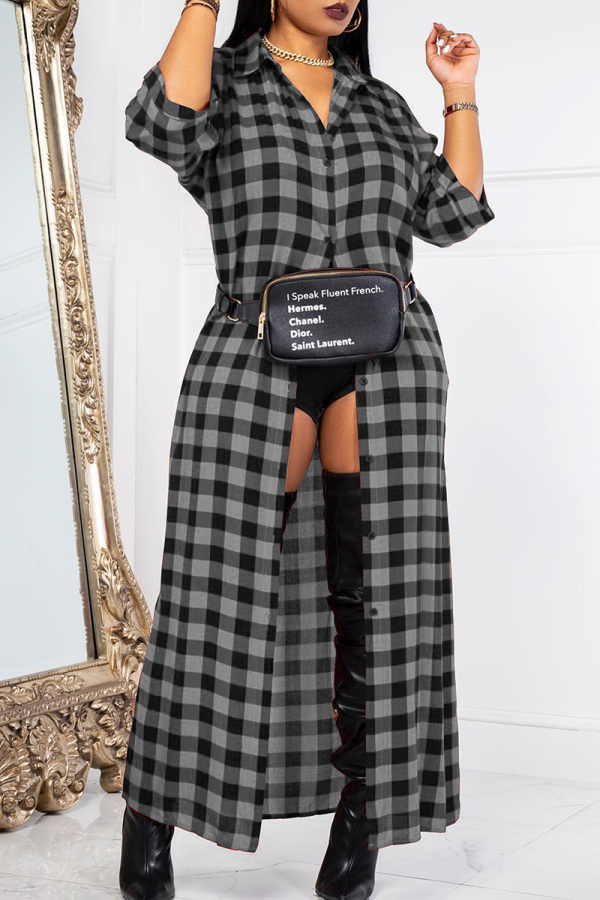 Black Gray Casual Plaid Buckle Turndown Collar Tops