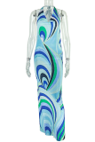 Blue Elegant Print Backless Halter Long Dresses