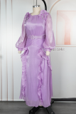 Light Green Elegant Solid Color With Belt Flounce Flower Shape O Neck Long Plus Size Dresses