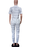 Grey Casual Letters Patchwork O Neck Short Sleeve Two Pieces