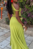 Black Elegant Solid Color Ruched Oblique Collar Two Pieces
