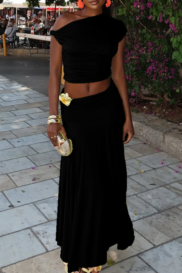 Black Elegant Solid Color Ruched Oblique Collar Two Pieces