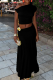 Black Elegant Solid Color Ruched Oblique Collar Two Pieces