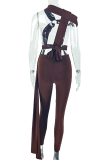 Black Sexy Solid Color Hollow Out Asymmetrical Collar Skinny Jumpsuits