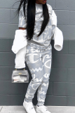Grey Casual Letters Patchwork O Neck Short Sleeve Two Pieces