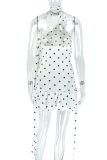 White Sexy Polka Dot Patchwork Halter Wrapped Skirt Dresses
