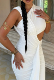 White Sexy Elegant Solid Color Hollow Out Asymmetrical Collar Long Dresses