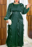 Light Green Elegant Solid Color With Belt Flounce Flower Shape O Neck Long Plus Size Dresses