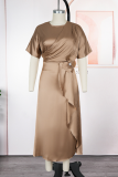 Brown Elegant Solid Color Strap Design O Neck Long Plus Size Dresses