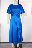 Brown Elegant Solid Color Strap Design O Neck Long Plus Size Dresses