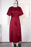 Brown Elegant Solid Color Strap Design O Neck Long Plus Size Dresses