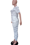 Grey Casual Letters Patchwork O Neck Short Sleeve Two Pieces