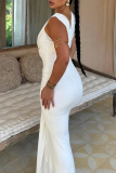 White Sexy Elegant Solid Color Hollow Out Asymmetrical Collar Long Dresses