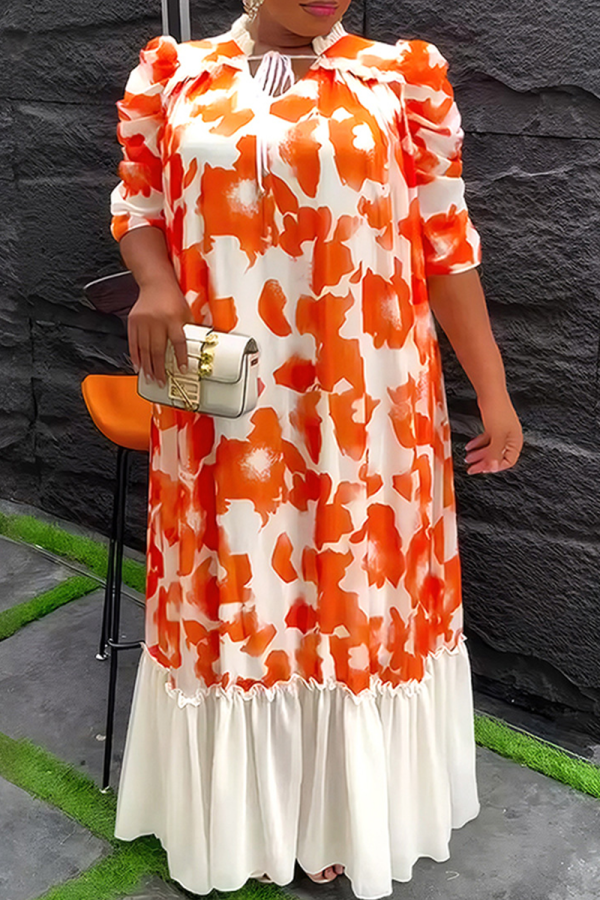 Orange Elegant Print Patchwork O Neck Long Dresses