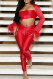 Red Sexy Solid Color Feathers Strapless Long Sleeve Three Pieces