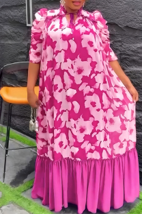 Rose Purple Elegant Print Patchwork O Neck Long Dresses